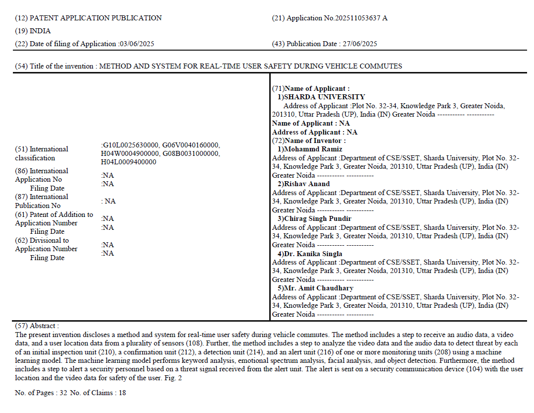 Patent for METHOD AND SYSTEM FOR REAL-TIME USER SAFETY DURING VEHICLE COMMUTES